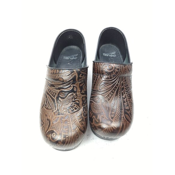 Dansko Womens Professional Clogs Sz 38 7.5-8 Brown Leather Floral Tooled Etched - Picture 5 of 9